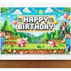 Minecraft Birthday Backdrop Pixel Video Game Theme Kids Party Decor